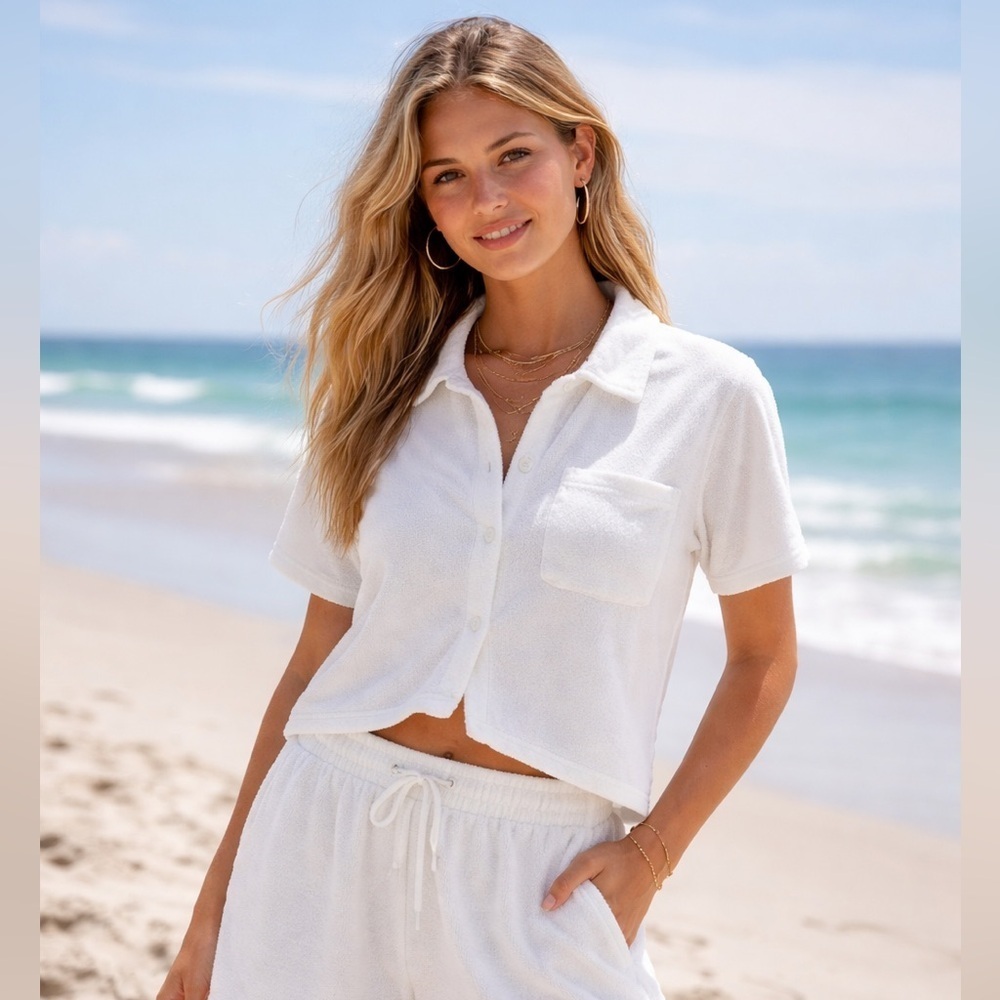 Terry Cloth Button-Down Shirt – Women’s XS Coastal Lounge Coverup